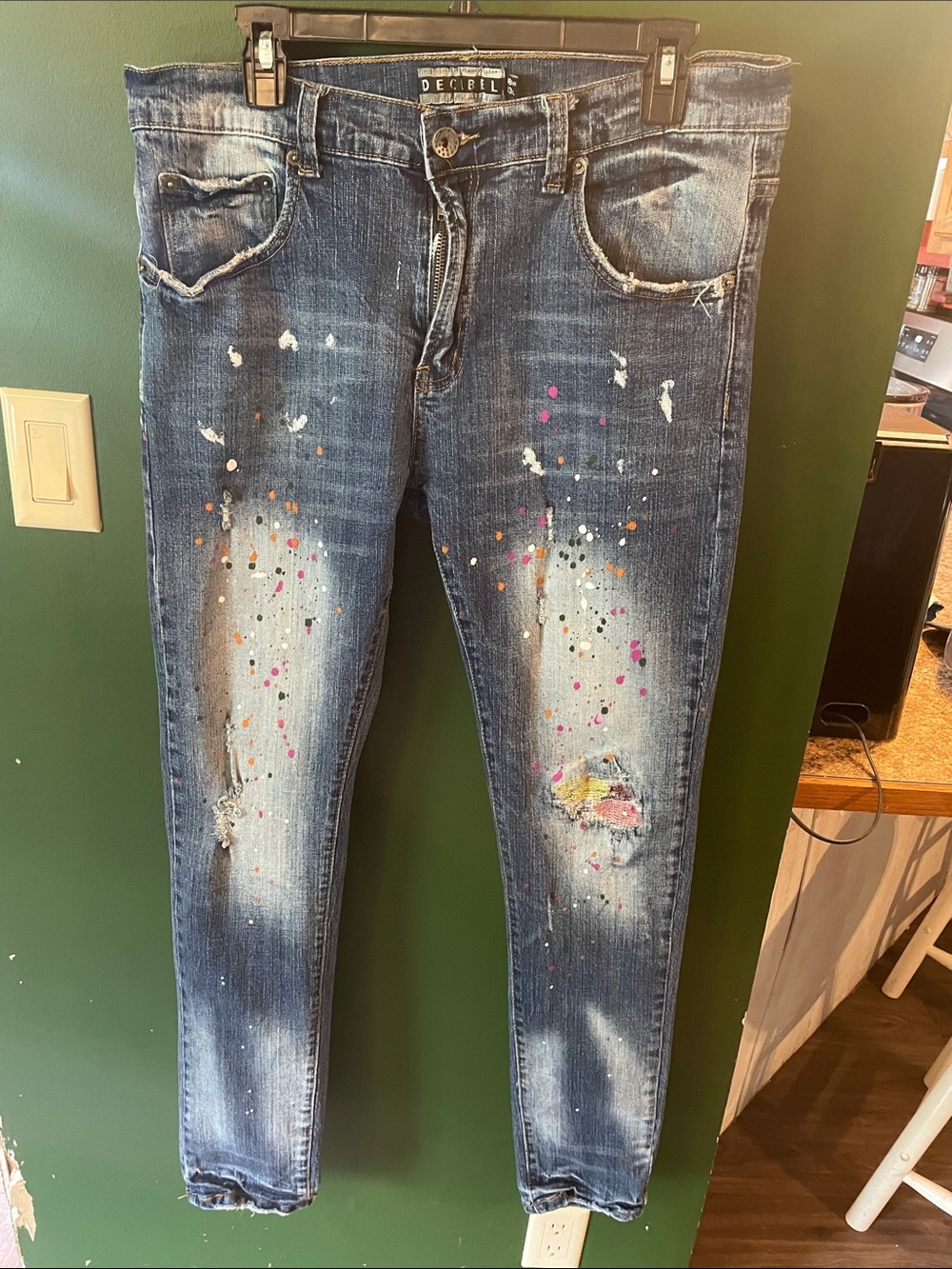 Men’s  Decibel Distressed Paint-Splash Skinny Jeans - Blue 38x33
